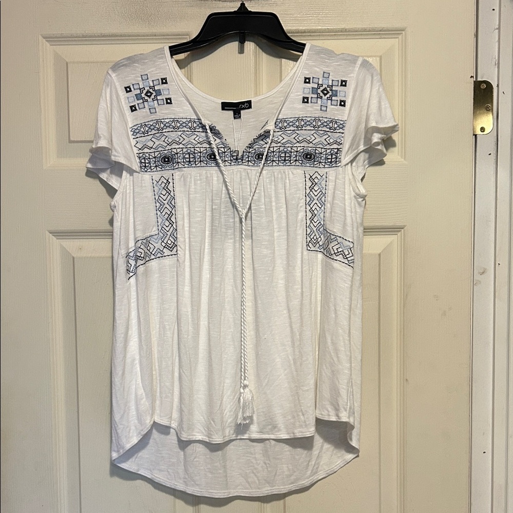 RXB Blue and White Embroidered Peasant Blouse Top Size Small